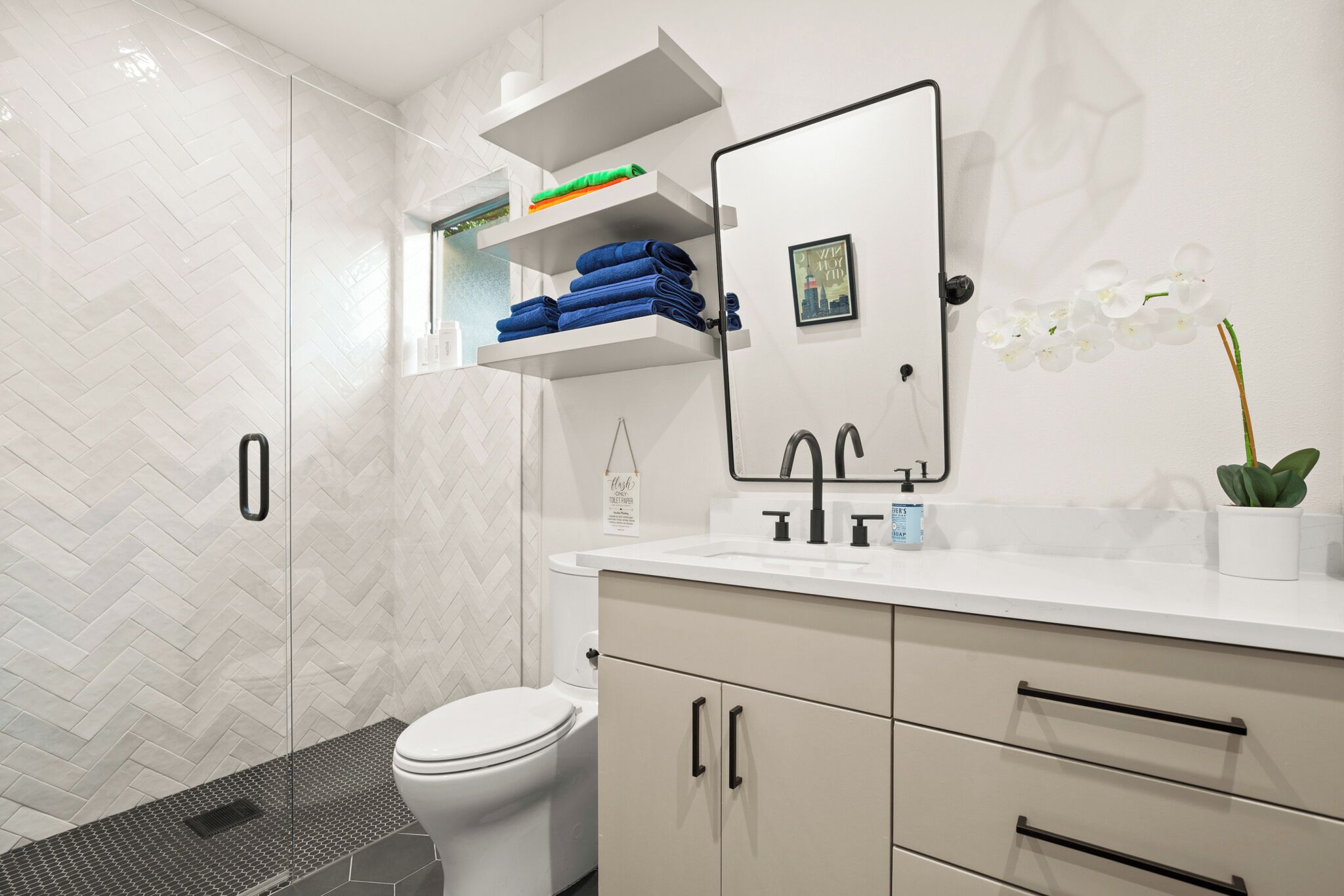 Hair dryer, towels, soap, toilet paper