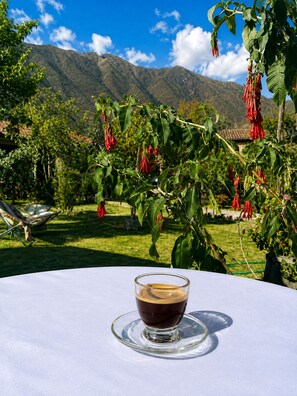 A table with a glass of dark liquid, possibly coffee, in a clear glass with a saucer, set against a backdrop of a mountainous landscape with greenery and red hanging flowers. - Chaska Valle Green (Urubamba)