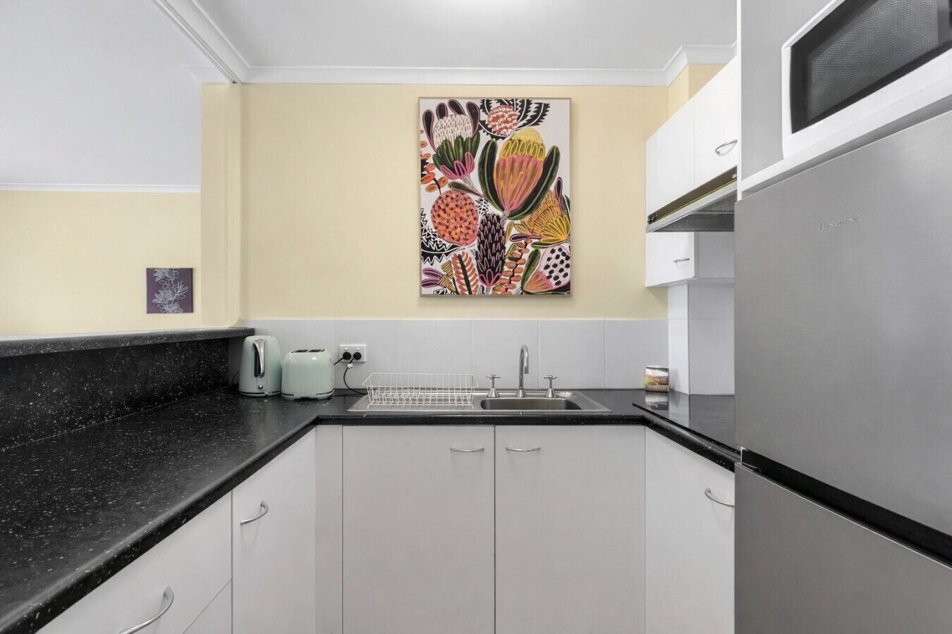 Fridge, microwave, stovetop, toaster