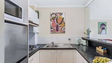 Fridge, microwave, stovetop, toaster
