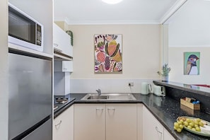Fridge, microwave, stovetop, toaster