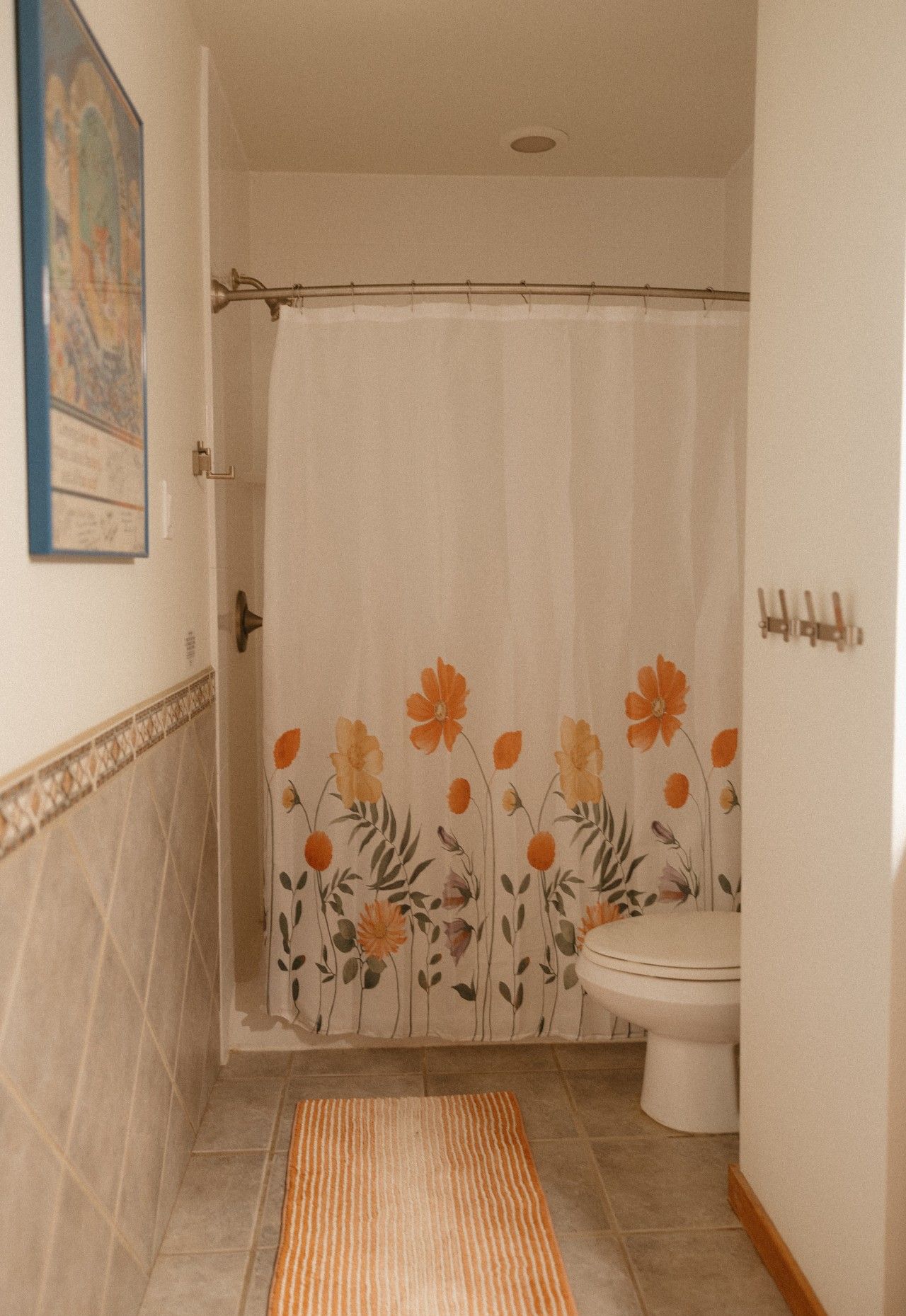 A bathroom with a shower curtain featuring a floral pattern, a toilet, and a patterned rug on the floor.
