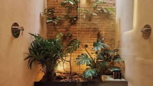 Un espace intérieur étroit avec un mur en briques, deux robinets fixés au mur et des plantes en pot.