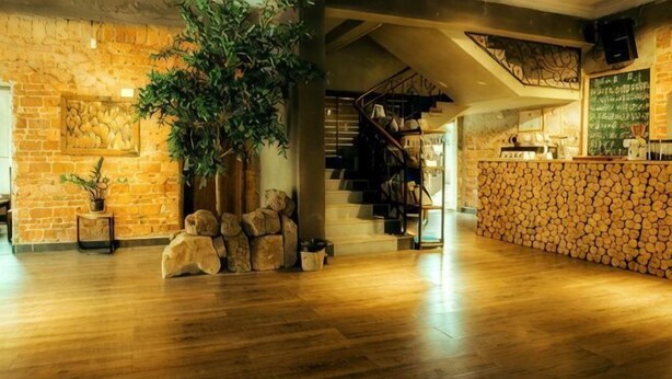 Un hall d’entrée spacieux avec un plancher en bois, un escalier, un mur en pierre et une plante.