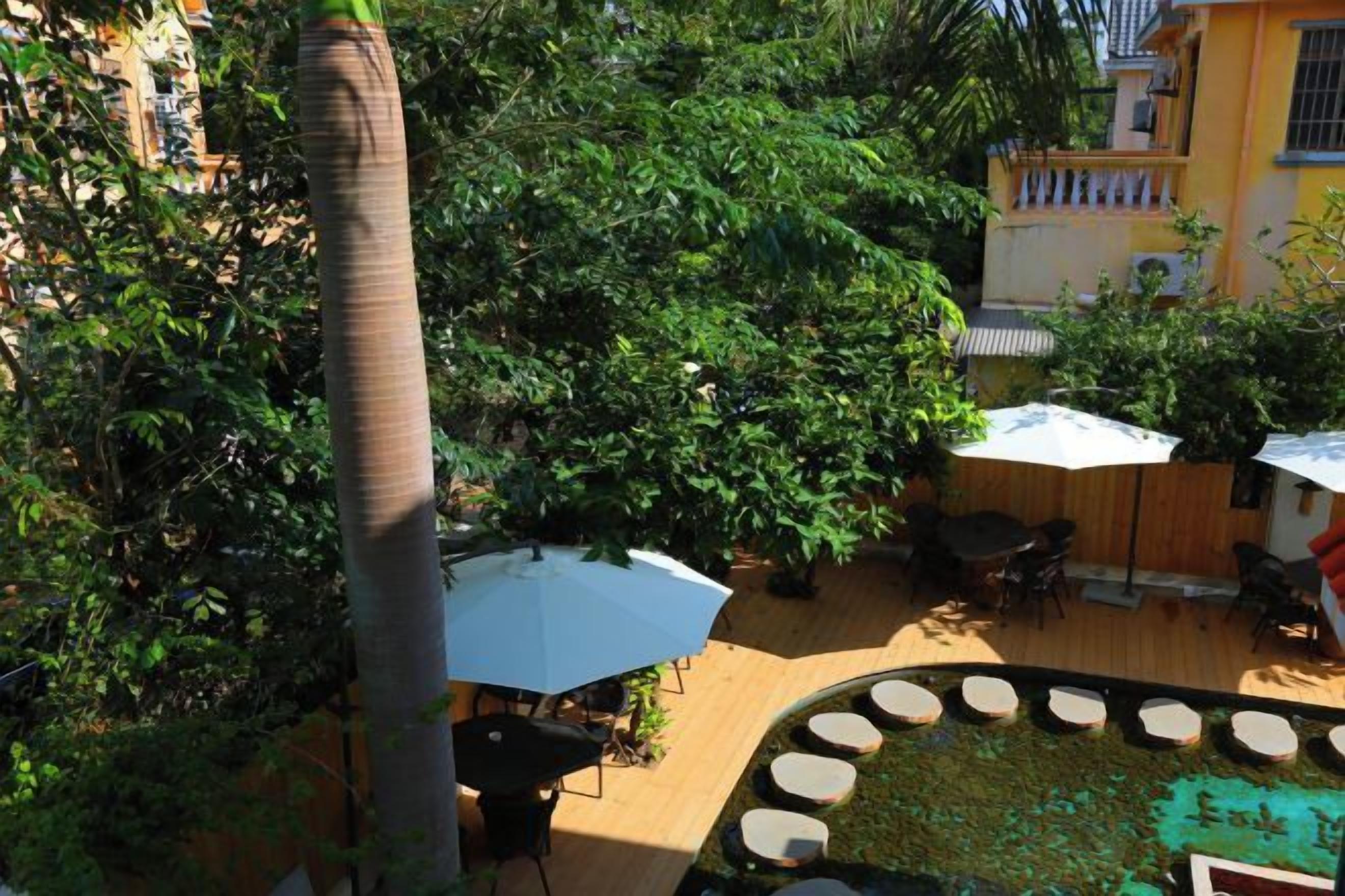 Patio esterno con zona salotto circolare, circondato da vegetazione lussureggiante e una palma.