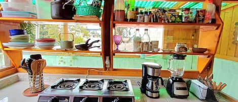 Fridge, stovetop, coffee/tea maker, blender