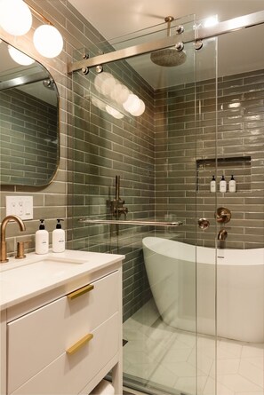 Hair dryer, towels, soap, shampoo