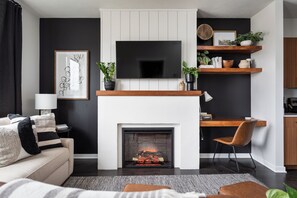 Smart TV, fireplace, books