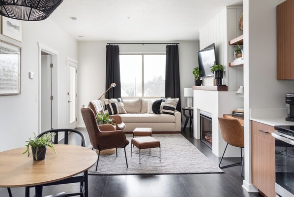 Smart TV, fireplace, books