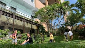 Un edificio dal design moderno, con facciata in vetro e un'area giardino curata.