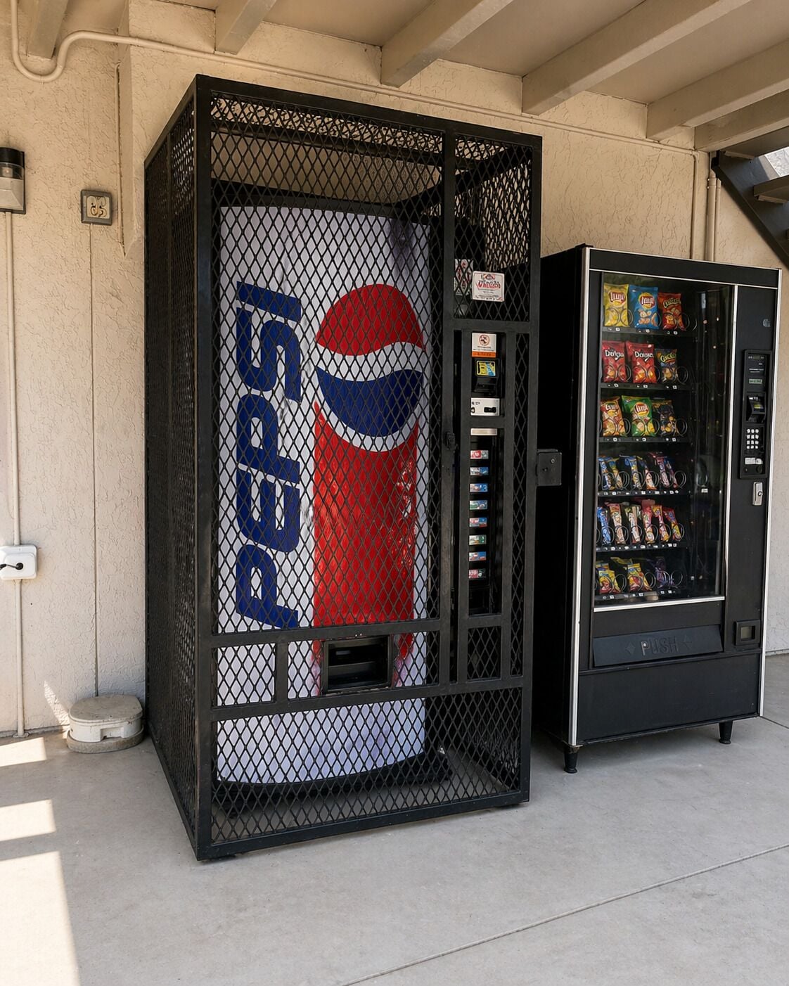 Un distributeur automatique orné du logo Pepsi et doté d’un bouton-poussoir.