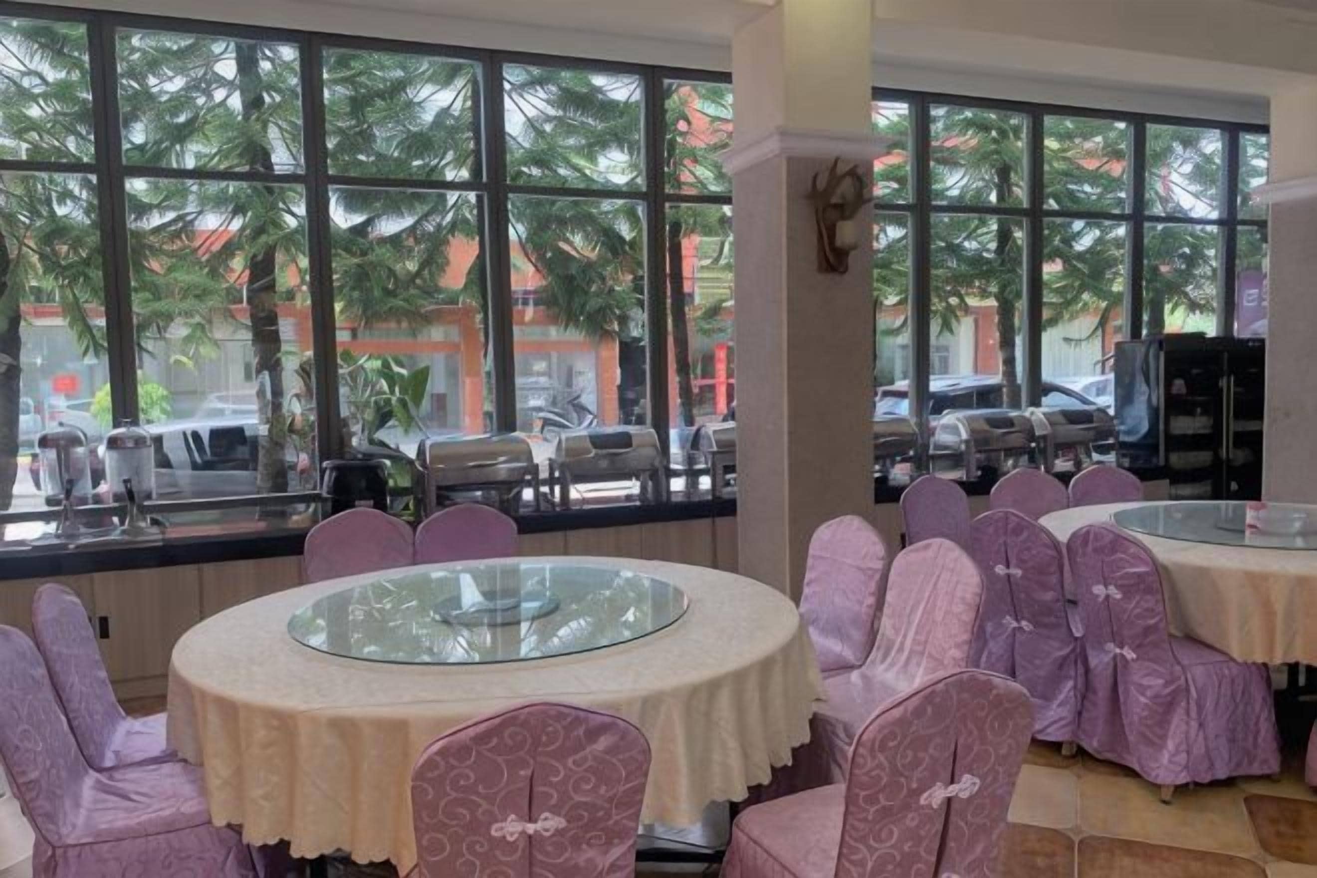 Comedor con mesas y sillas redondas, ventanas amplias con vistas a palmeras y coches estacionados.
