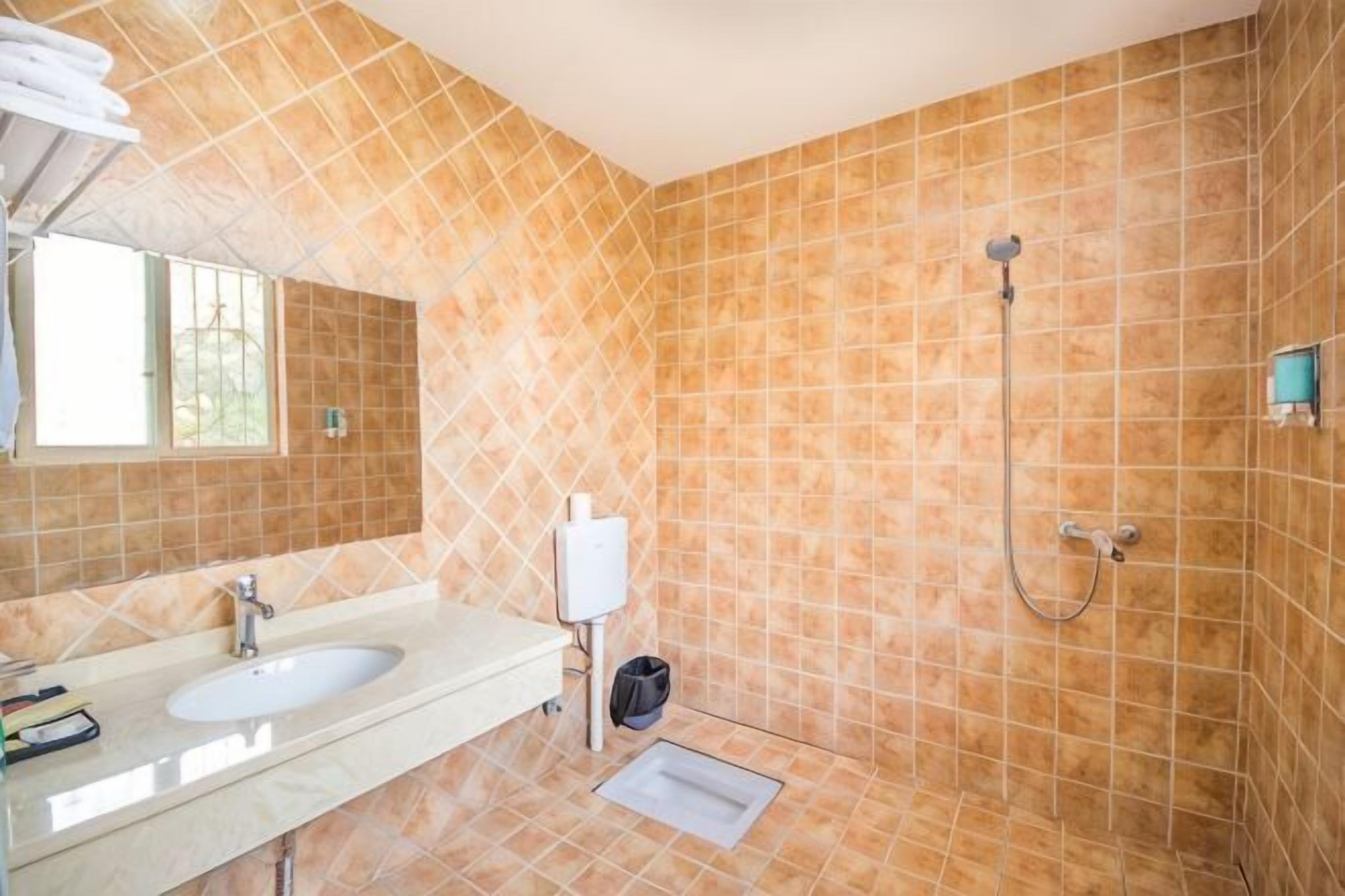 A bathroom with a sink, mirror, and shower.