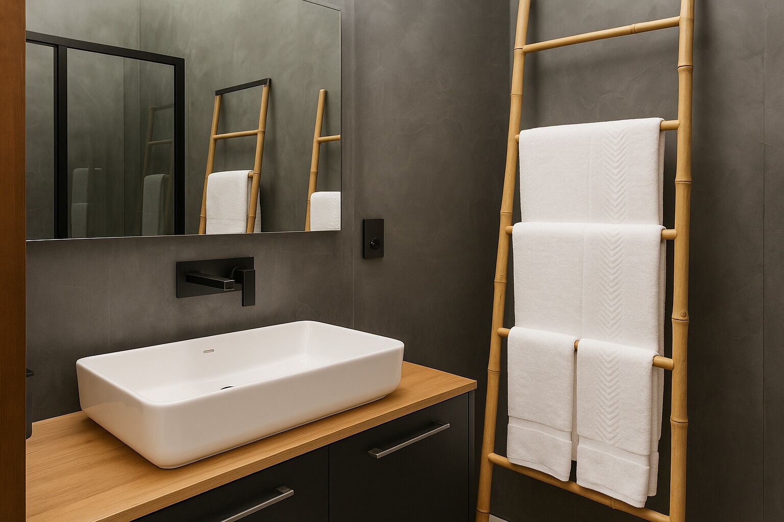 A modern bathroom with a rectangular white sink, a mirror, and a wooden ladder with towels.