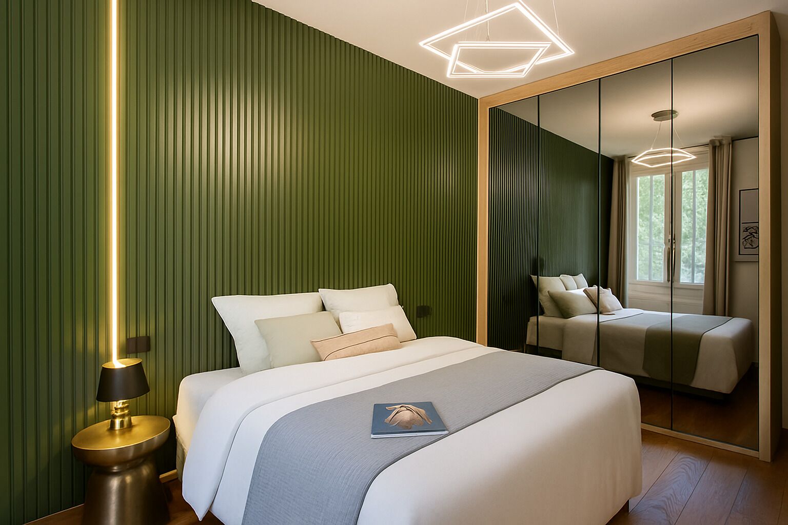 Un dormitorio moderno con una cama grande, una lámpara de noche y un espejo que refleja la habitación.