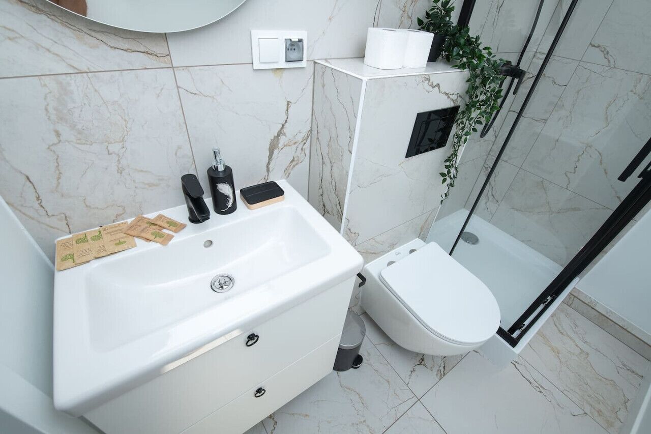 A modern bathroom with a white sink, toilet, and shower. There are toiletries on the sink and a plant on the wall.