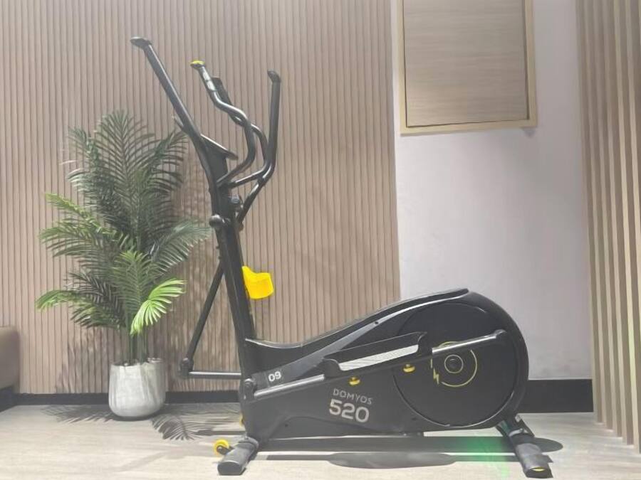 Una bicicleta estática en una habitación con una planta en maceta y un objeto montado en la pared.