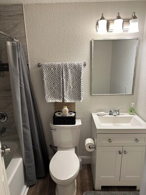 Douche, sèche-cheveux, serviettes fournies, savon