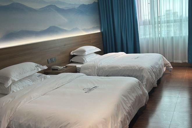Habitación de hotel con dos camas, cabecero de madera, mesita de noche con teléfono y un mural con vistas a la montaña.