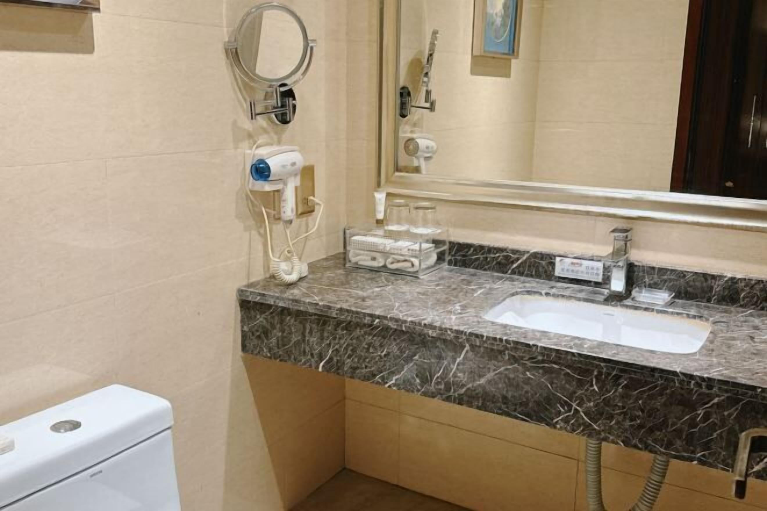 A bathroom with a marble sink, a mirror, a hairdryer, and a towel rack.