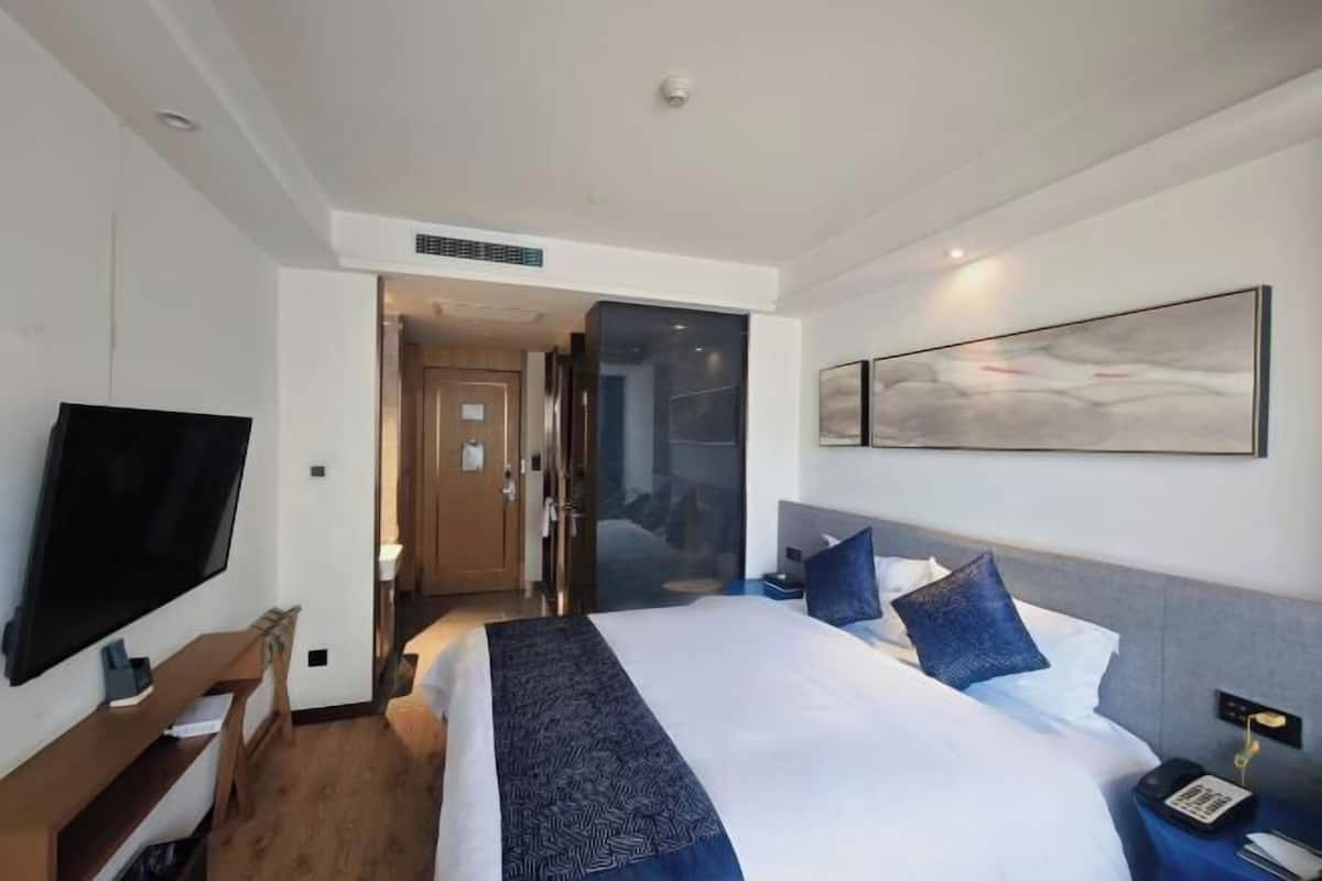 Habitación de hotel con una cama grande, un televisor de pantalla plana, una mesita de noche y una obra de arte colgada en la pared.
