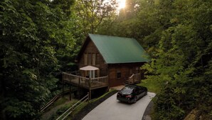 Eine Hütte mit einem grünen Dach, einer Terrasse und einem geparkten Auto davor.