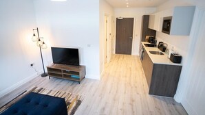 A modern apartment with a living room, a TV, a sofa, a kitchen, and a dining area.