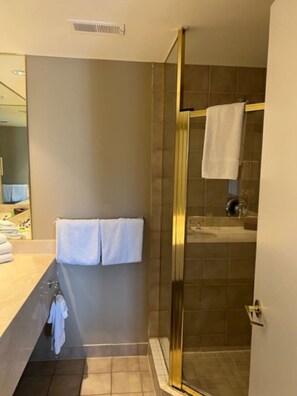 Hair dryer, towels, soap, shampoo