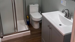 A bathroom with a shower, toilet, and sink. - Private Penthouse Studio (Providence)