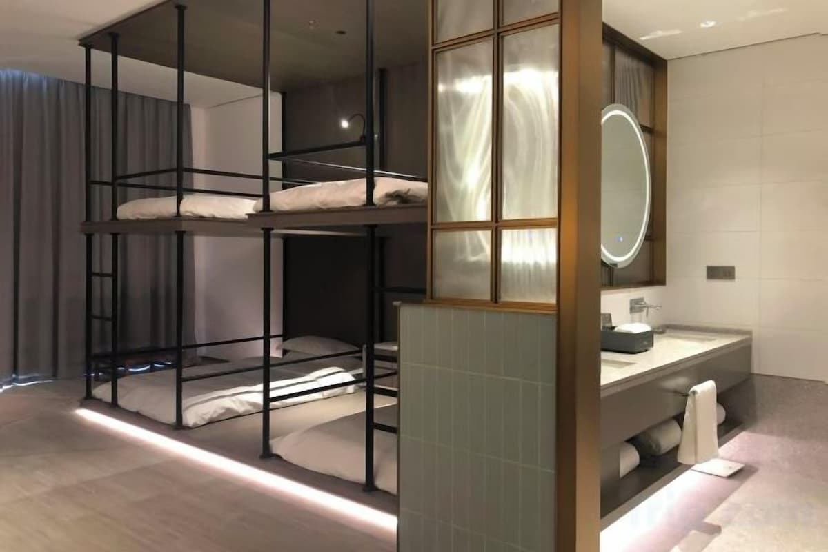 Un lit superposé avec un miroir au-dessus du lit du bas, une salle de bain avec un lavabo et un miroir, et un plancher en bois.