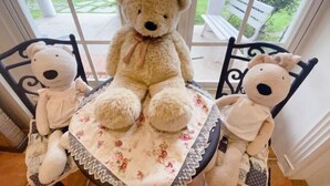 A large teddy bear sitting at a table with a floral tablecloth, flanked by two smaller teddy bears on chairs. - Isa Butterfly Kids B&B (Yilan)