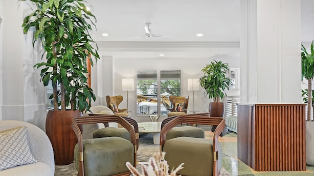A modern living room with a sofa, two armchairs, a coffee table, and a large potted plant. - Townhouse Hotel (Miami Beach)