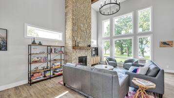 TV, fireplace, books