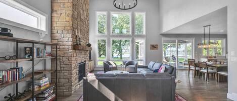TV, fireplace, books