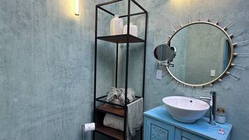 Hair dryer, towels, soap, shampoo