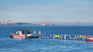 A calm body of water with a dock and boats, a clear sky, and distant industrial structures.