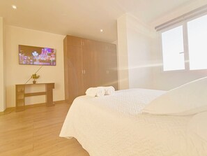 1 chambre, bureau, fer et planche à repasser, lit parapluie