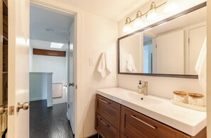 Hair dryer, towels, soap, shampoo