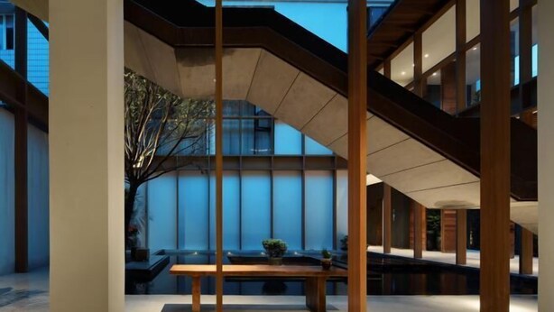 A modern interior with a central wooden bench, high ceilings, and a view of the outside. - Shuiyunju Boutique Hotel (Tongxiang)