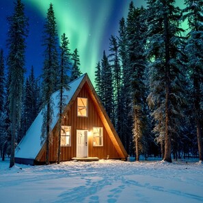 Una cabaña de madera con techo triangular, rodeada de terreno cubierto de nieve y altos árboles de hoja perenne.