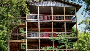 A multi-story wooden cabin with a central staircase, surrounded by lush greenery.