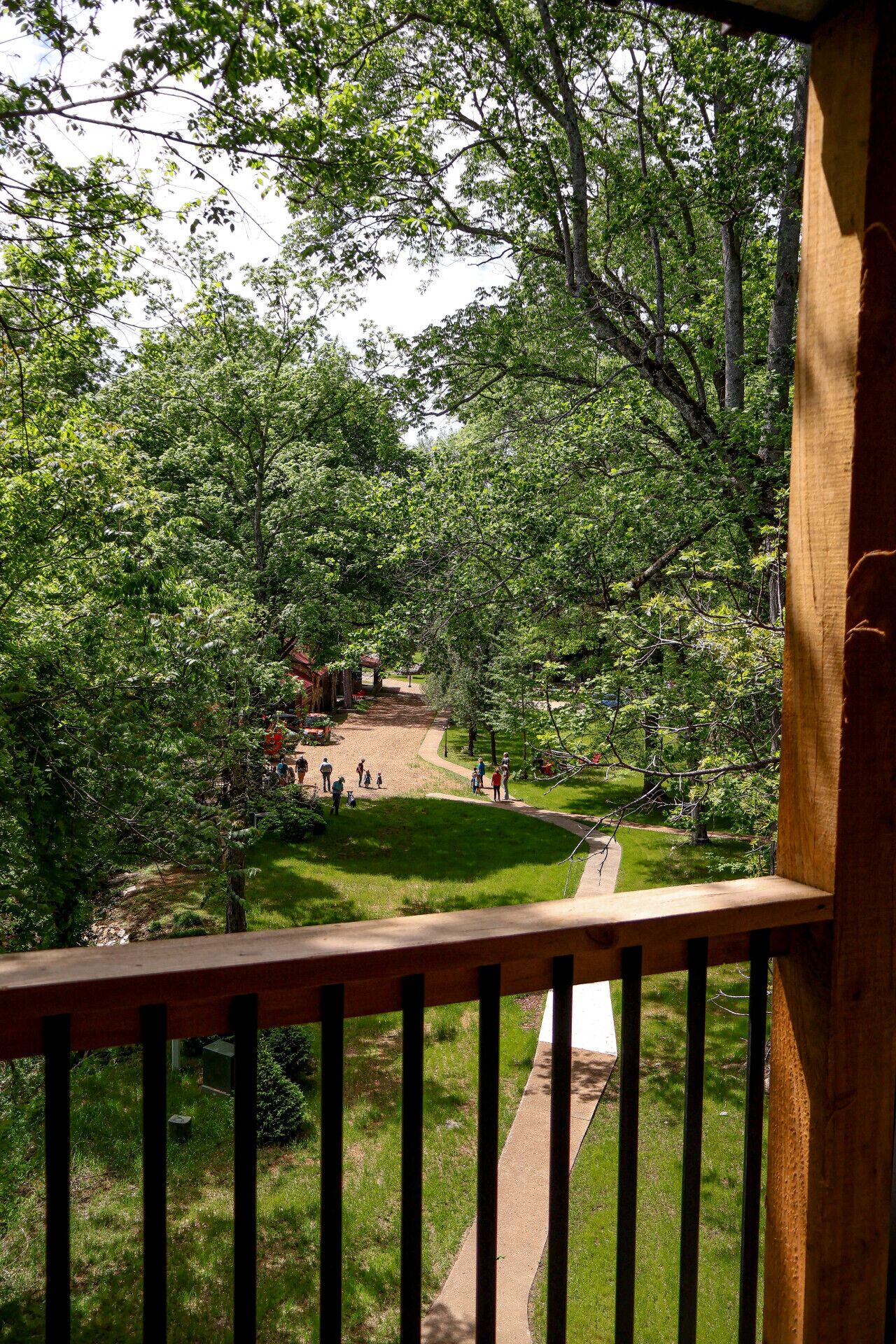 A view from a balcony overlooking a well-maintained garden with a pathway and trees.
