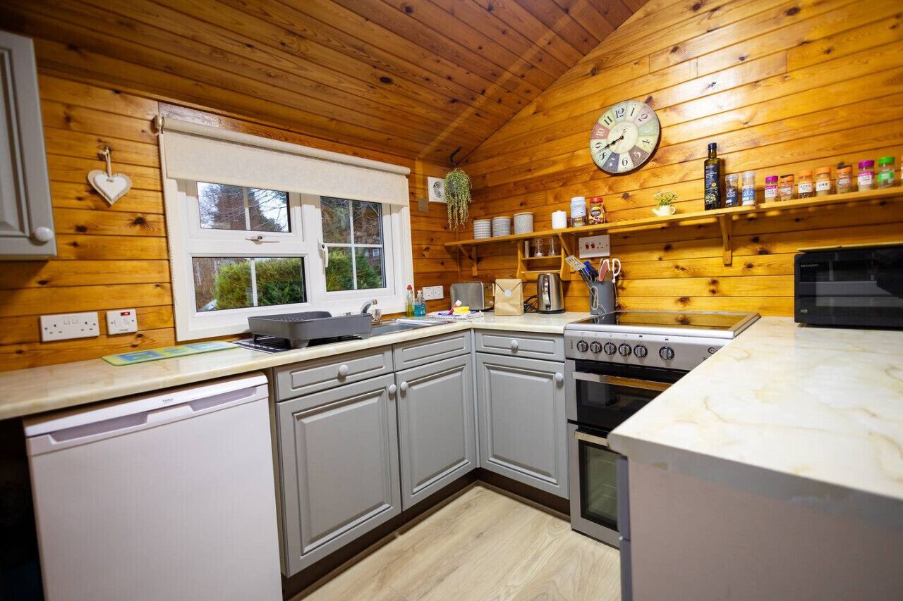 A kitchen with wooden walls, a clock, a stove, and a dishwasher.
