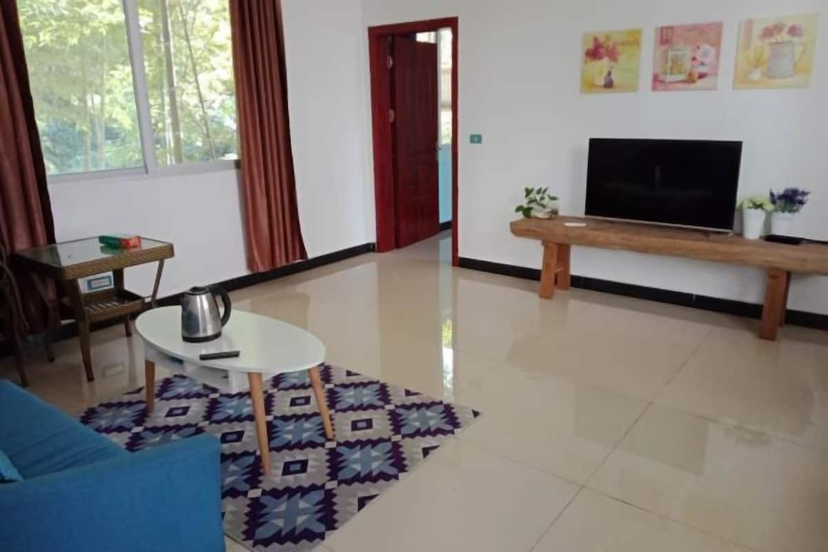 A living room with a sofa, a coffee table, a TV, and a patterned rug.