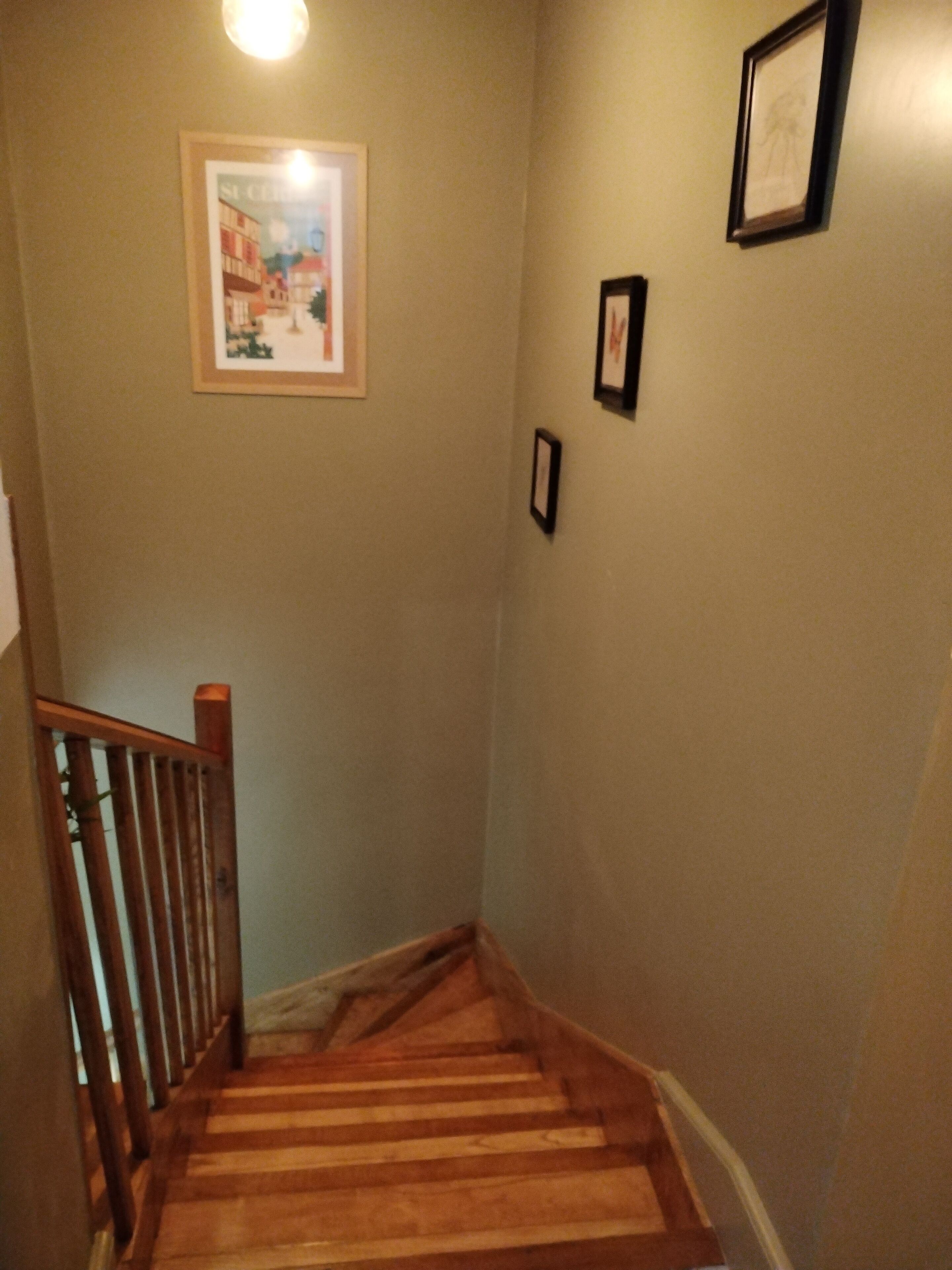 A wooden staircase with a handrail, a framed picture on the wall, and a light fixture above.