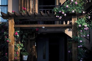 Una pergola in legno con rose rampicanti e una pianta in vaso.