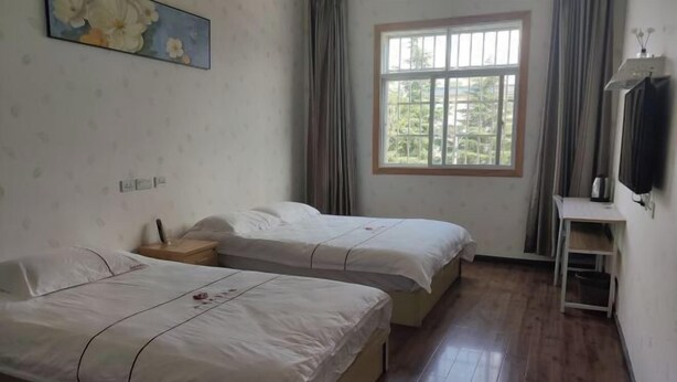 Een hotelkamer met twee bedden, een raam met gordijnen, een tv op een standaard en een schilderij aan de muur.