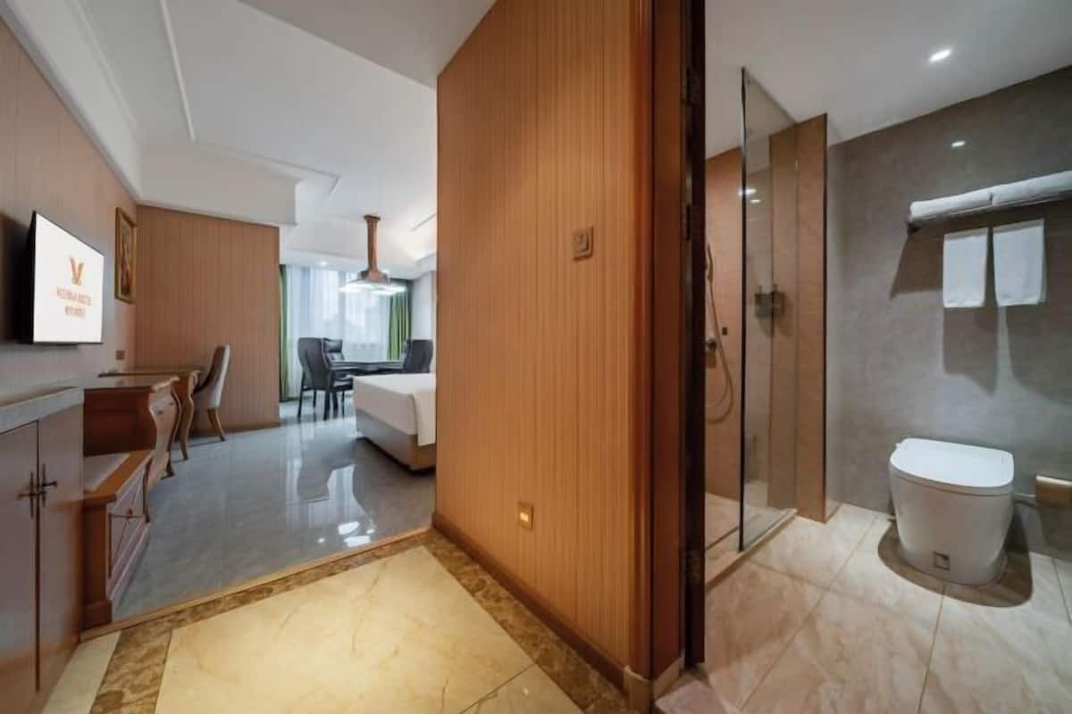 Una habitación de hotel moderna con un armario de madera, cabina de ducha con paredes de vidrio, inodoro blanco y televisor de pantalla plana en la pared.