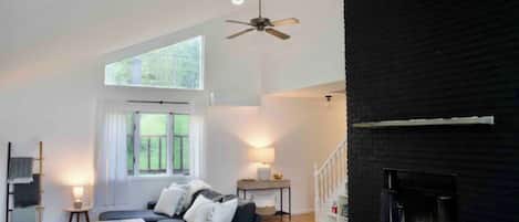 智能電視、壁爐、書籍