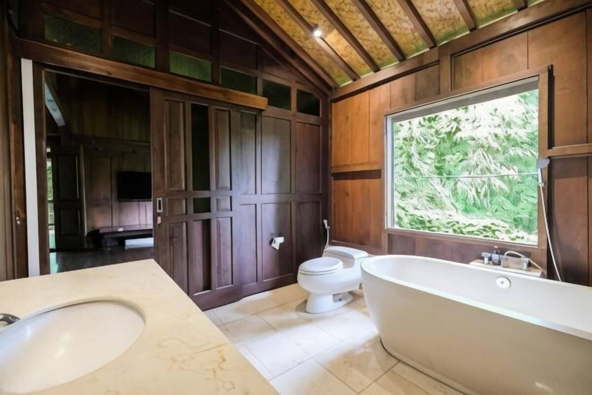 A bathroom with a large bathtub, toilet, and sink, wooden paneling, and a window with a view of greenery.
